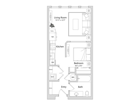 A floor plan of a small apartment with a living room, kitchen, bedroom and bathroom.